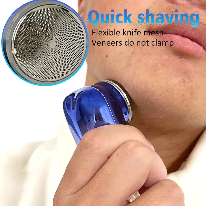 Mini portable USB rechargeable electric shaver with rotary 1-blade head, aluminium body, silver colour, wet and dry use