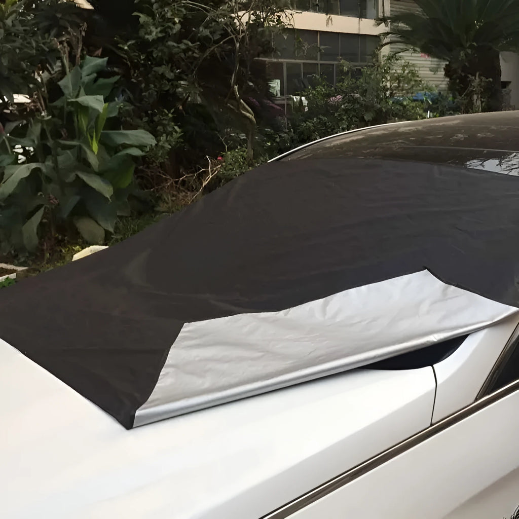 Magnetic car windshield snow cover 210x120cm, black polyester umbrella cloth with silver back, magnets and ear clips