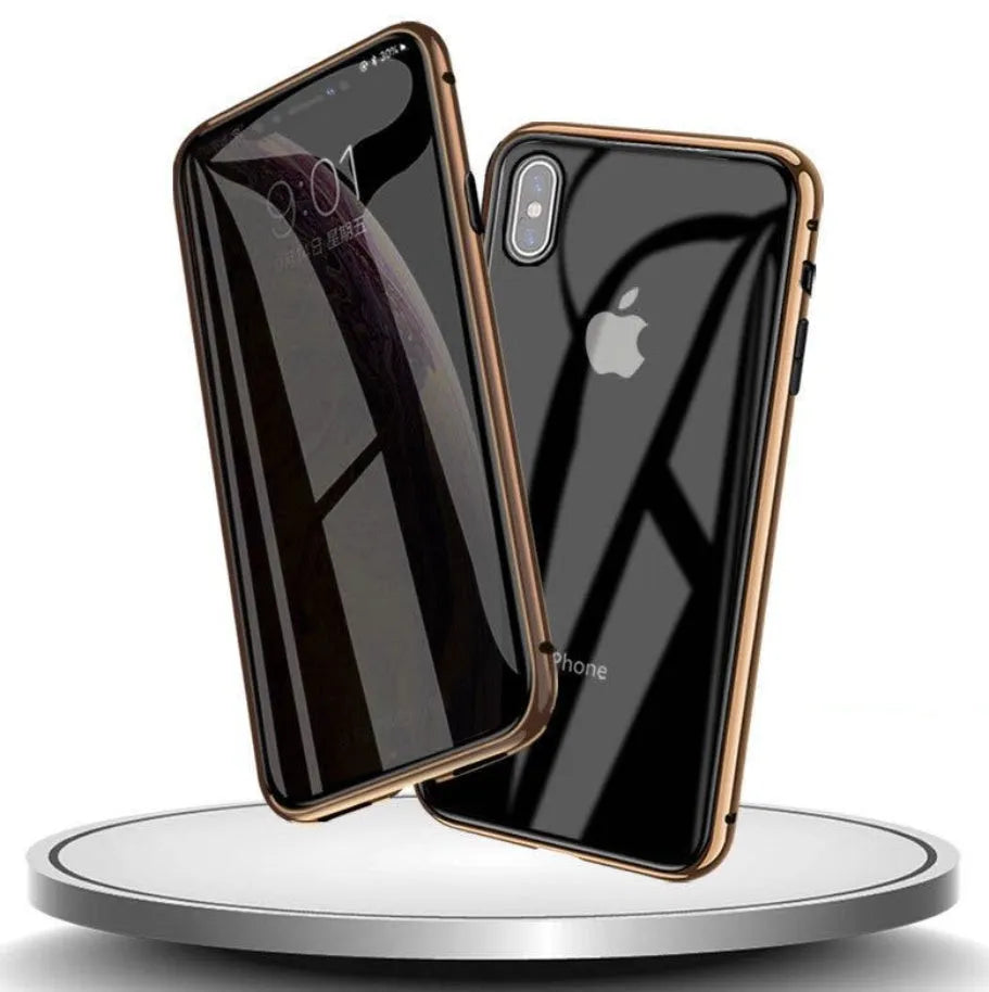 Machined glass clamshell anti-spy phone case in black, shown closed and open next to an iPhone.