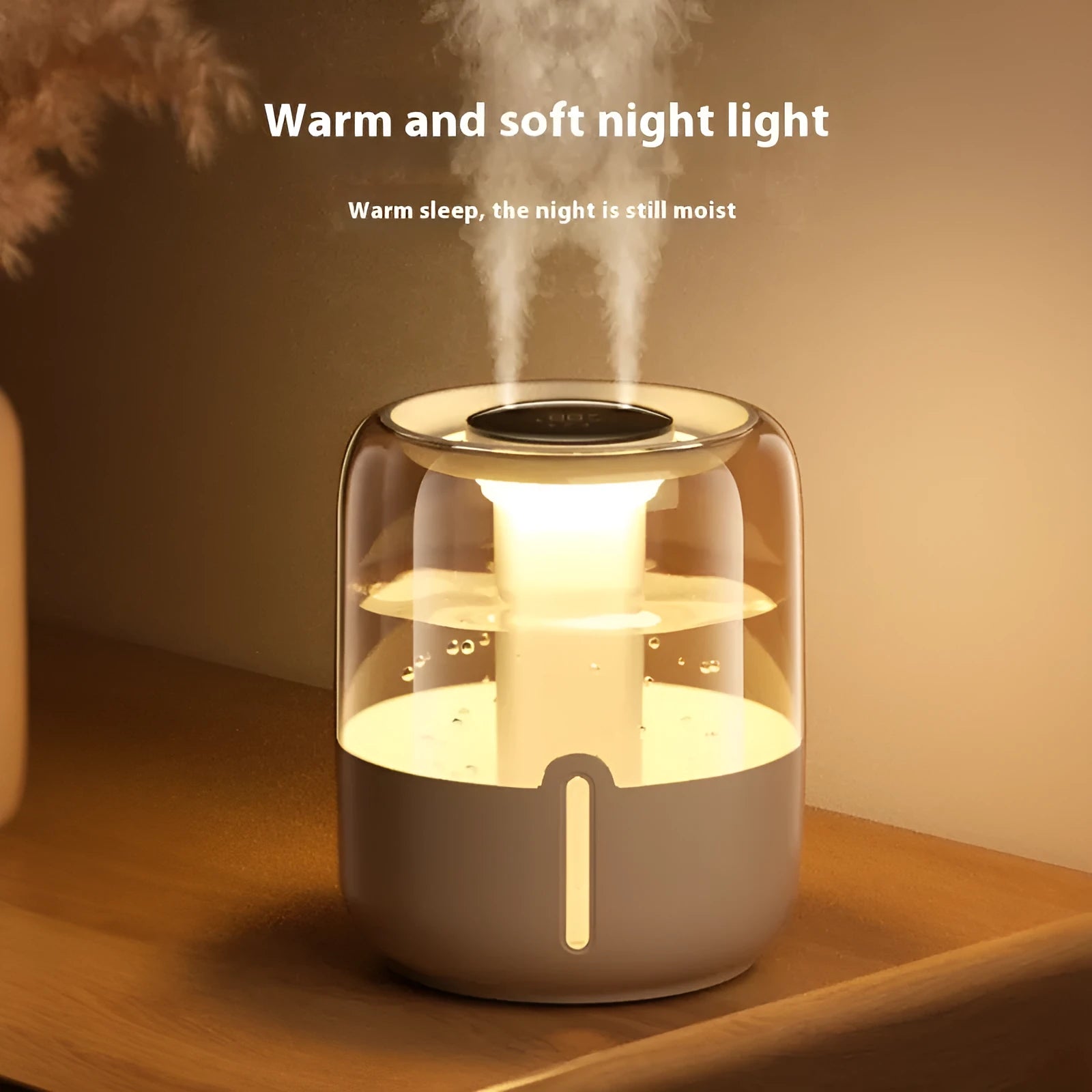 Round beige USB humidifier with dual spray nozzles, humidity display, and gear controls