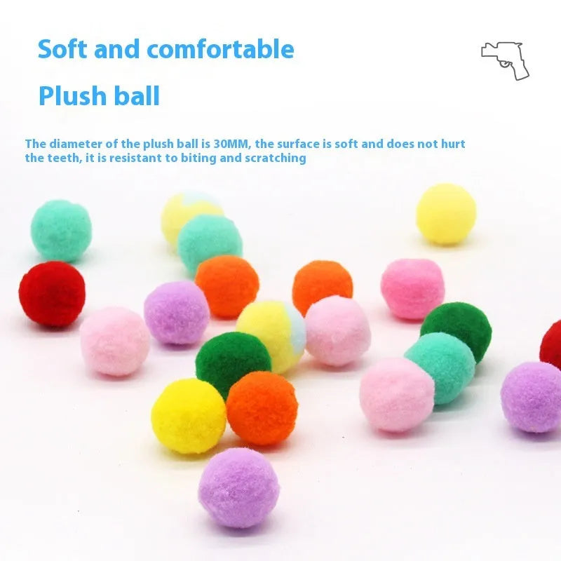 Pet toy launch gun with colourful soft plush yarn balls for interactive cat and dog play