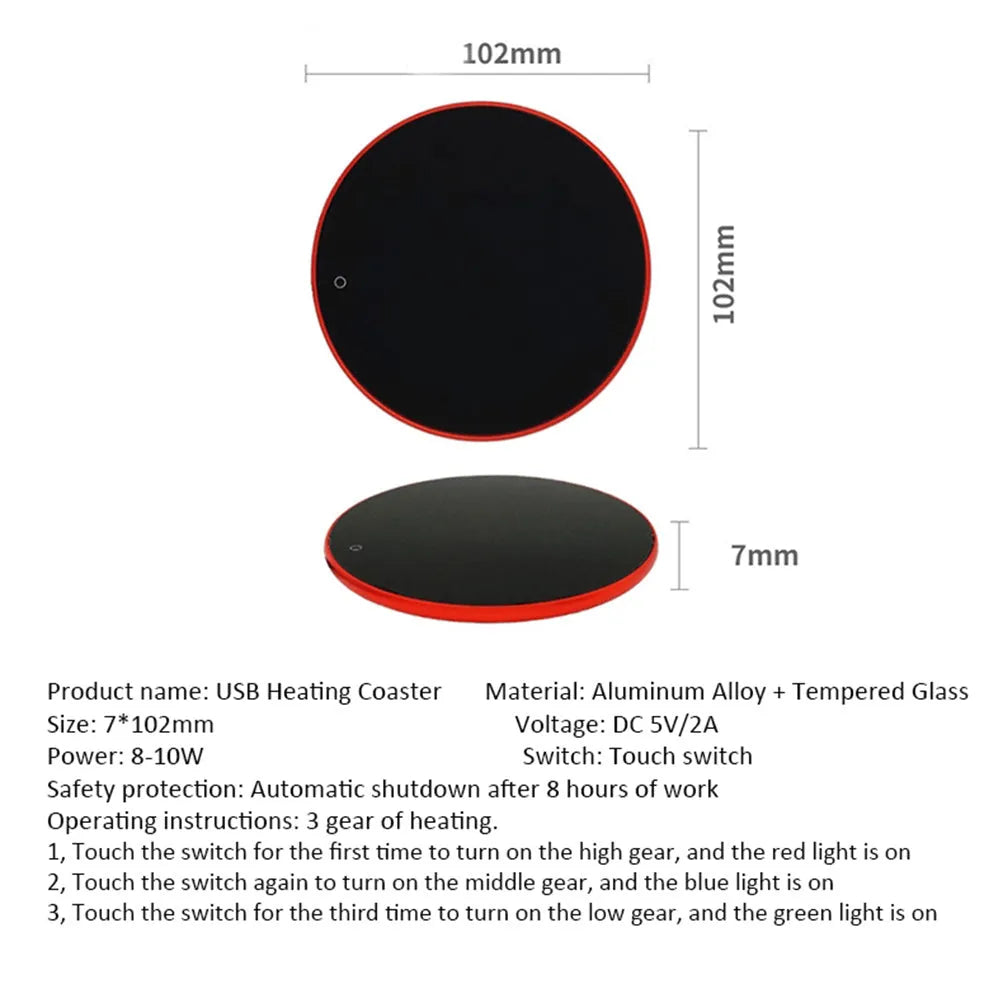 Black USB heating coaster with touch control for warming coffee mugs and cups