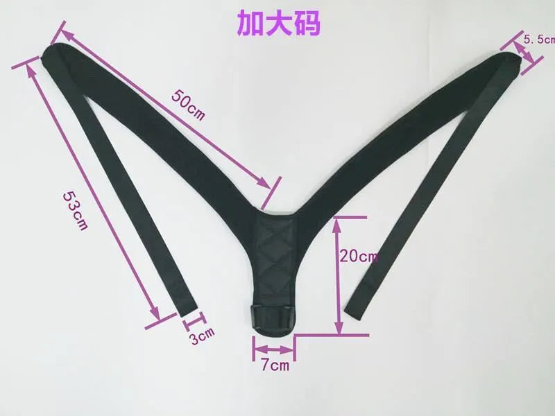 Black elastic posture corrector belt with adjustable webbing on a light background