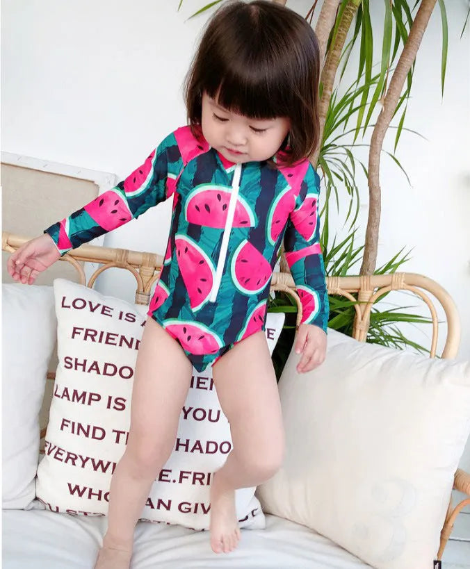 Children's long sleeve swimsuit set with watermelon fruit print on polyester fabric, size S-XL