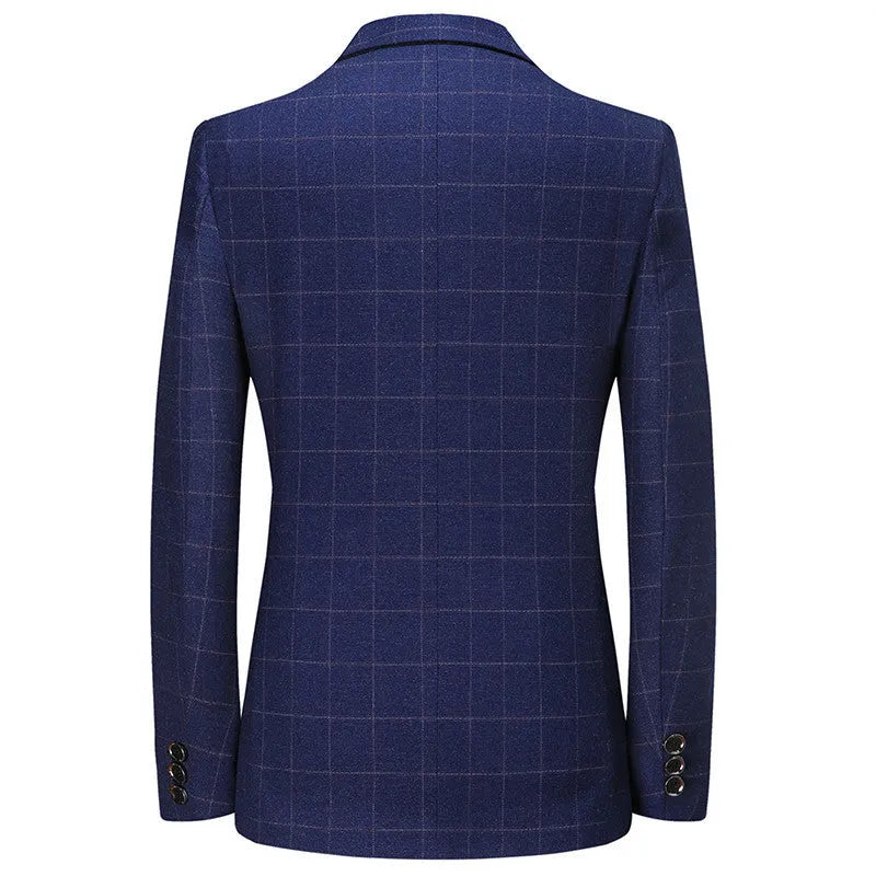 Men's plaid leisure suit coat, loose fit, dimensional patch pocket, long sleeves, blue colour, front view