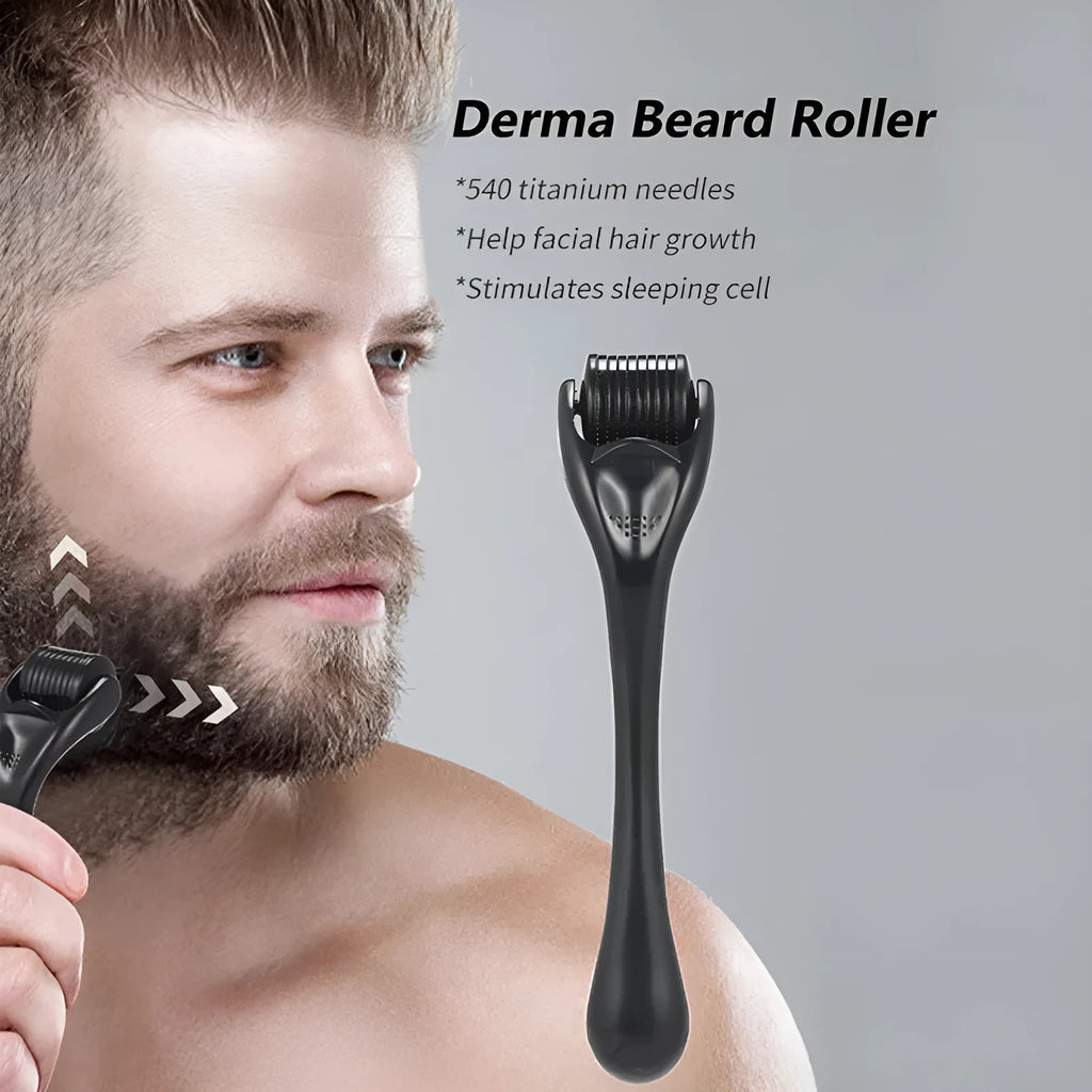 Black and purple titanium derma roller for face and scalp with 540 microneedles, showing different needle size options.