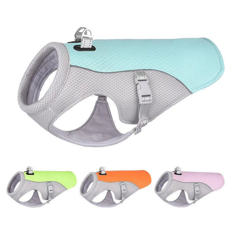 Orange dog cooling vest with layered evaporation system for summer heat protection during outdoor walks