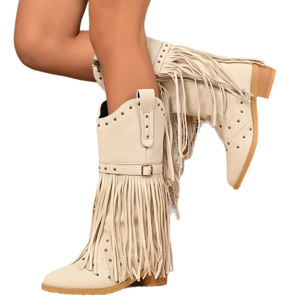 Western cowboy boots for women in beige with belt buckle rivet tassel details and mid heel