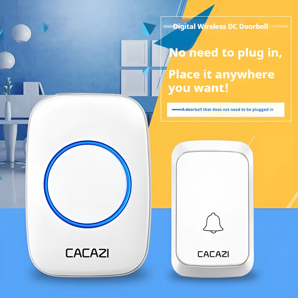 Wireless battery-powered DC doorbell with 300 metre range, waterproof transmitter, black or white, includes receiver