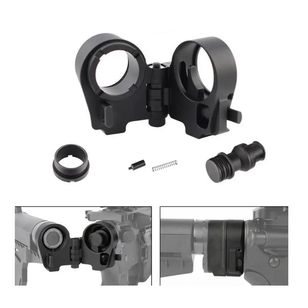Third generation black aluminium folding stock adapter for AR-15 and AR-10 rifles, DLC finish, compact storage
