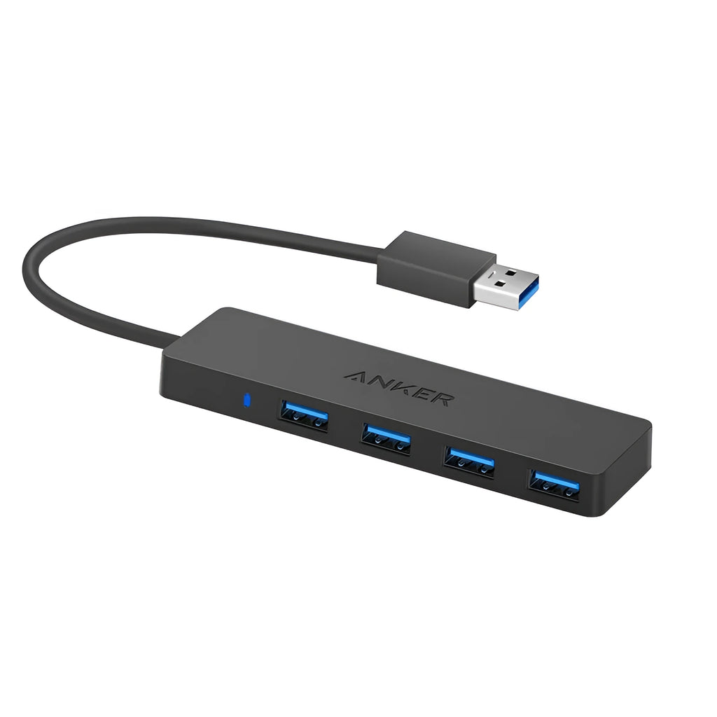 Black Anker 4-port USB 3.0 hub measuring 30x107mm with 20cm connecting cable