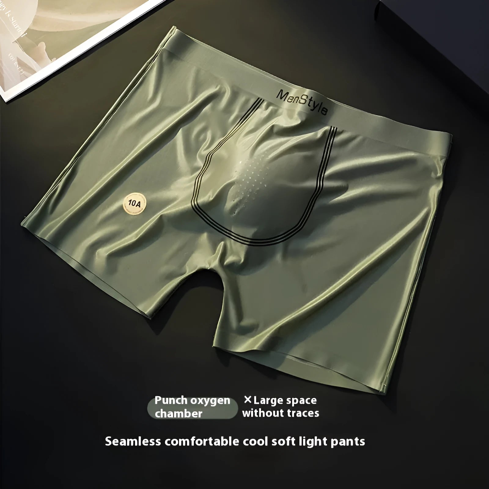 Men's seamless ice silk boxers in dark grey colour showing mid-waist and single-layer design.