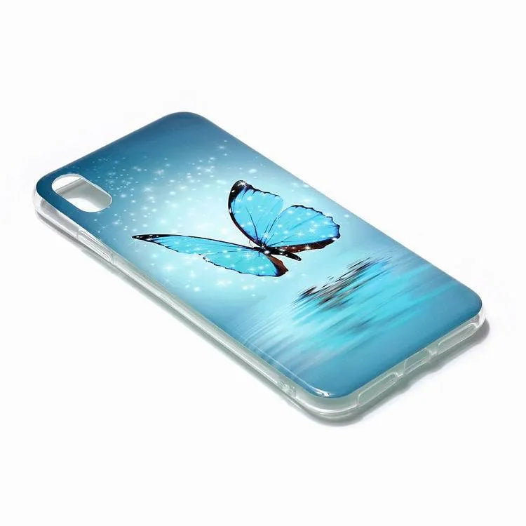 Luminous glow-in-the-dark TPU iPhone case with a cartoon butterfly design on the back.