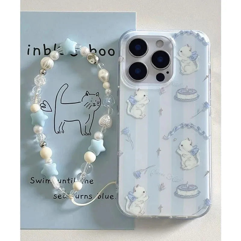 Blue and white striped PC cat lanyard phone case for Apple iPhone 11-16 series with fall protection