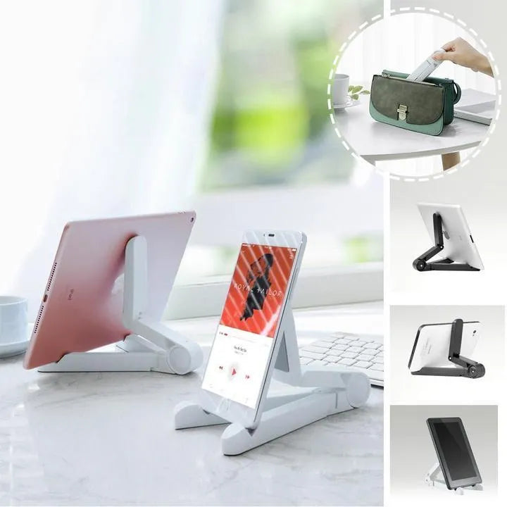 Foldable aluminium tablet holder stand in black showing portrait and landscape phone positioning