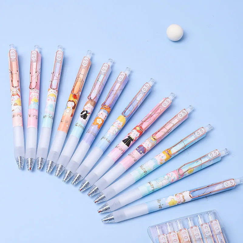 Six constellation cartoon gel pens with 0.5mm metal tips and blue ink