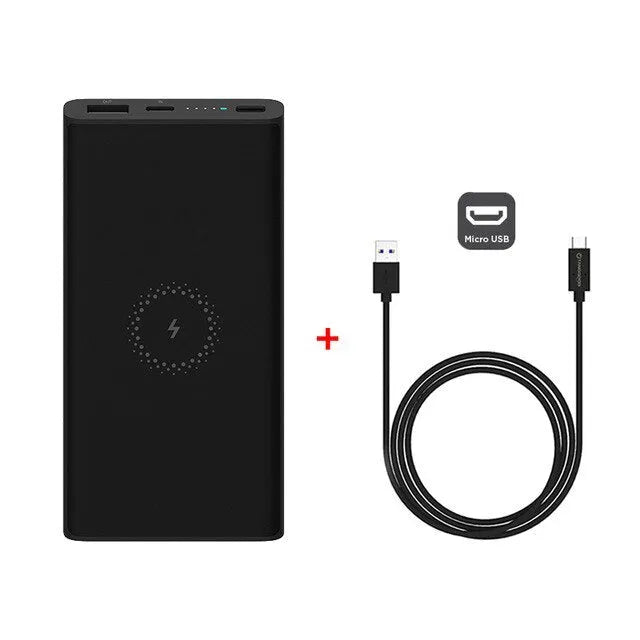 Black and white 10000mAh power bank with wireless charging and USB Type C port.