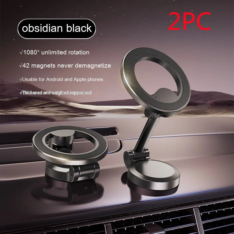 All-metal foldable magnetic car phone mount shown on a dashboard, holding a mobile phone.