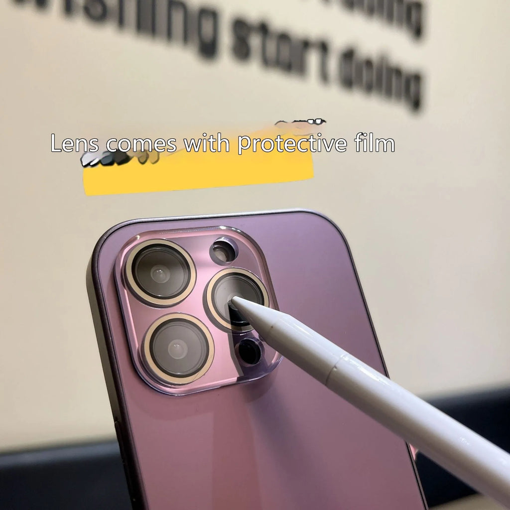 Frosted PC phone case for iPhone 15 Pro Max with glass lens protector in pearl white