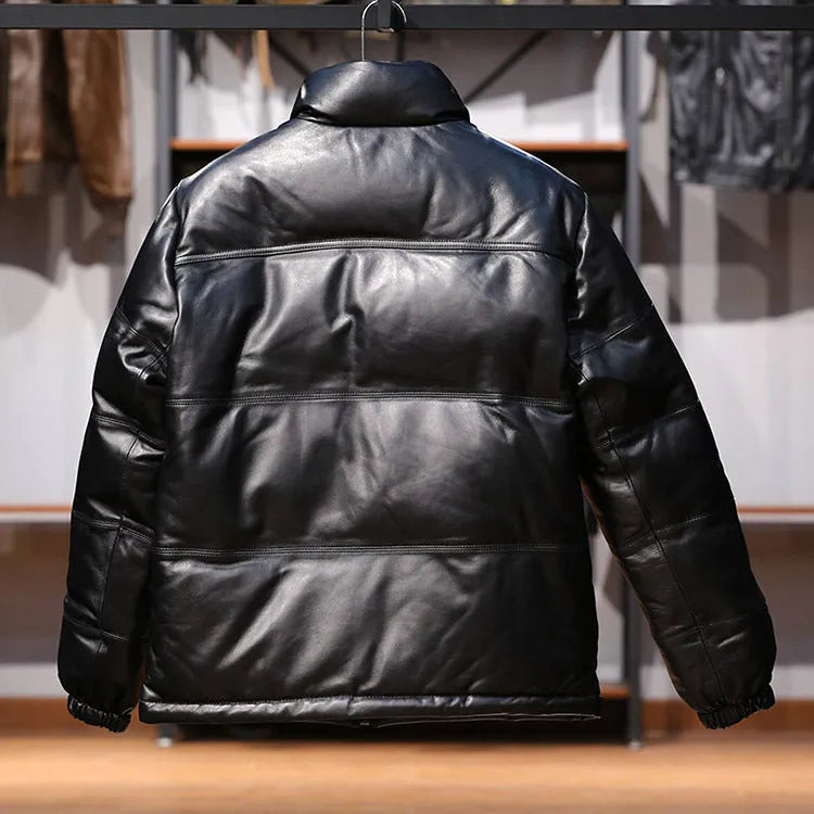 Men's black sheepskin down leather jacket with stand collar and pocket decoration