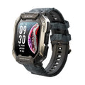 Men's smartwatch with silicone wristband showing digital display with health monitoring functions