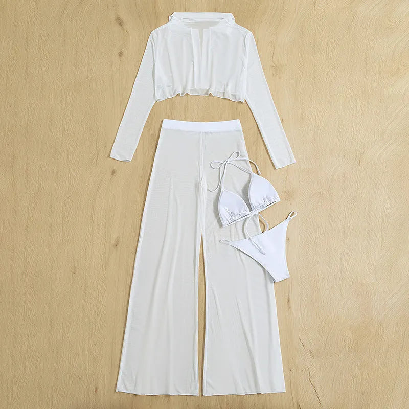 White women's swimsuit four-piece set with backless top and high-waist trousers