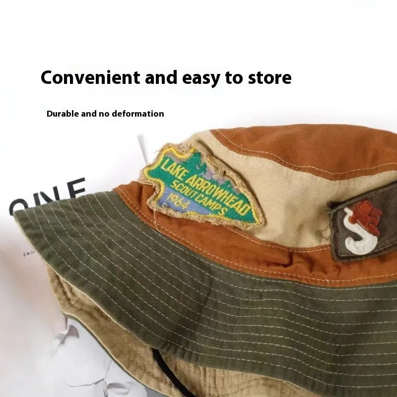 Women's army green cotton fisherman hat with retro patchwork design and flat top crown