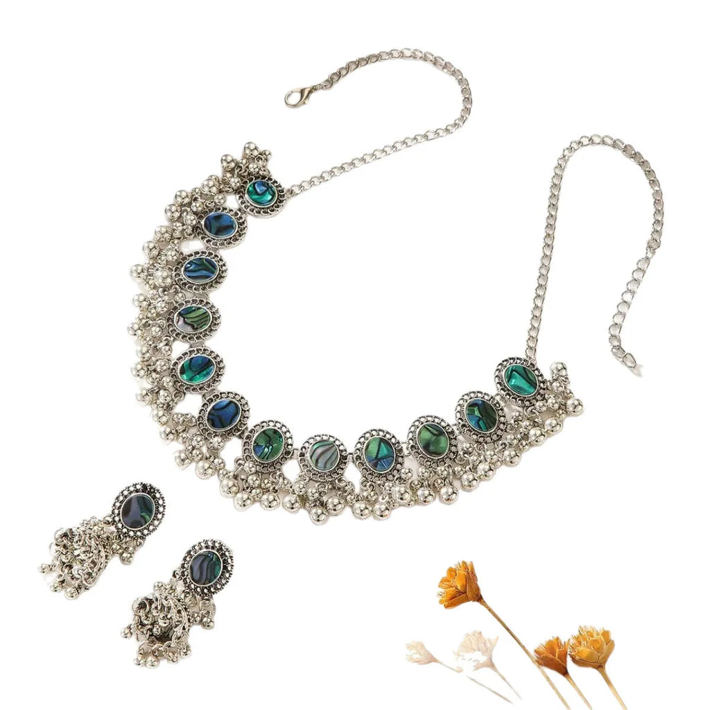 European American retro Indian style abalone shell Bohemian round ethnic alloy necklace and earrings set for women in colour XL-012