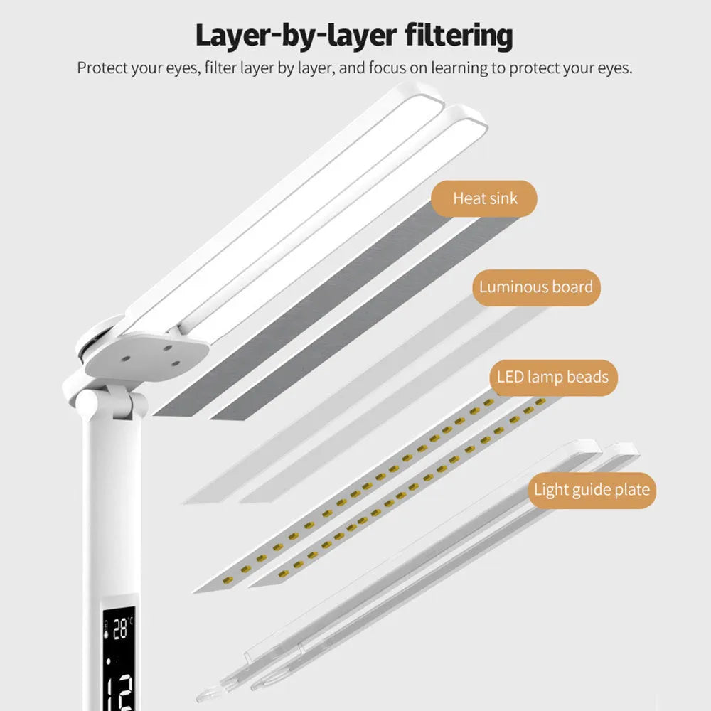 White LED desk lamp with calendar display and pen holder, touch control, USB powered