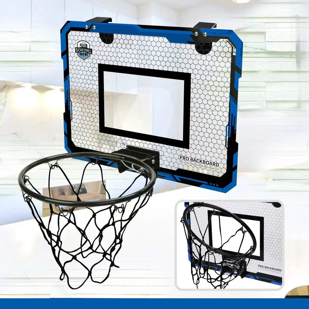 Red and blue folding basketball frame with dunk scoring panel and suction cup mount.