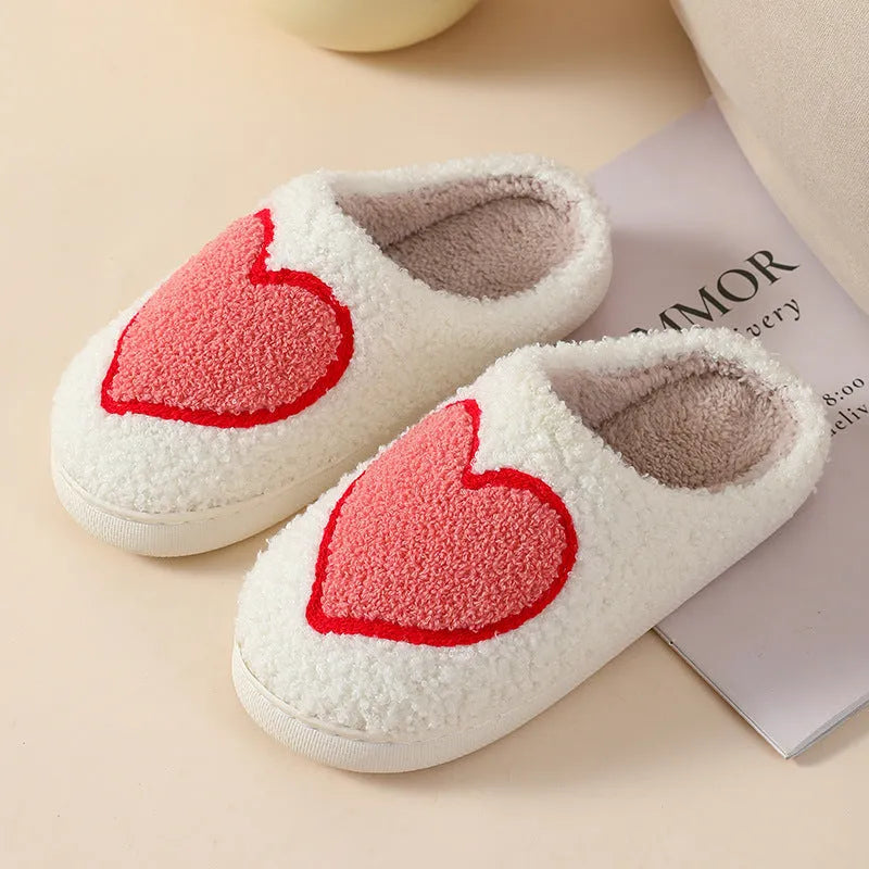 Women's cartoon love style plush slippers with non-slip PVC soles in multiple colour options