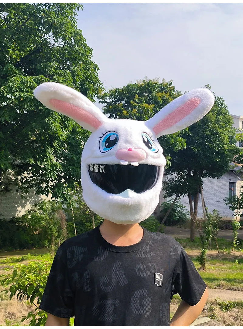 White rabbit head helmet cover for electric motorcycles with long ears and plush material
