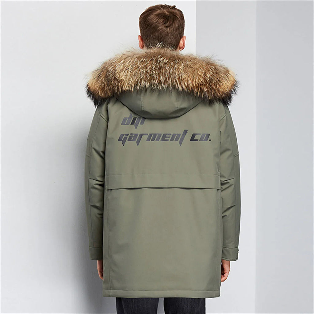 Men's hooded down jacket trench coat in black, white duck down filling, medium length polyester coat