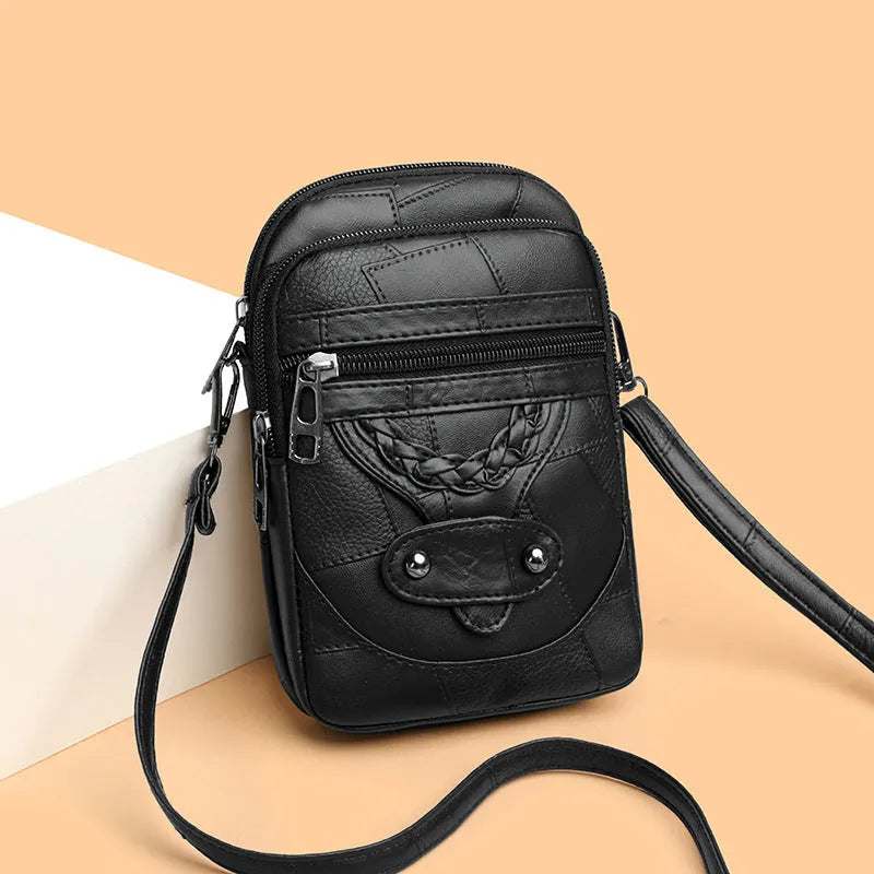 Soft PU leather retro mobile phone bag in square vertical design with woven accents and rivets