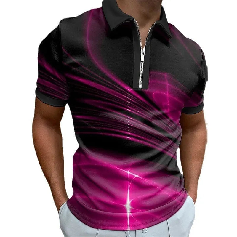 Men's blue zip-front polo shirt with a lapel collar and short sleeves, made from bird eye cloth.