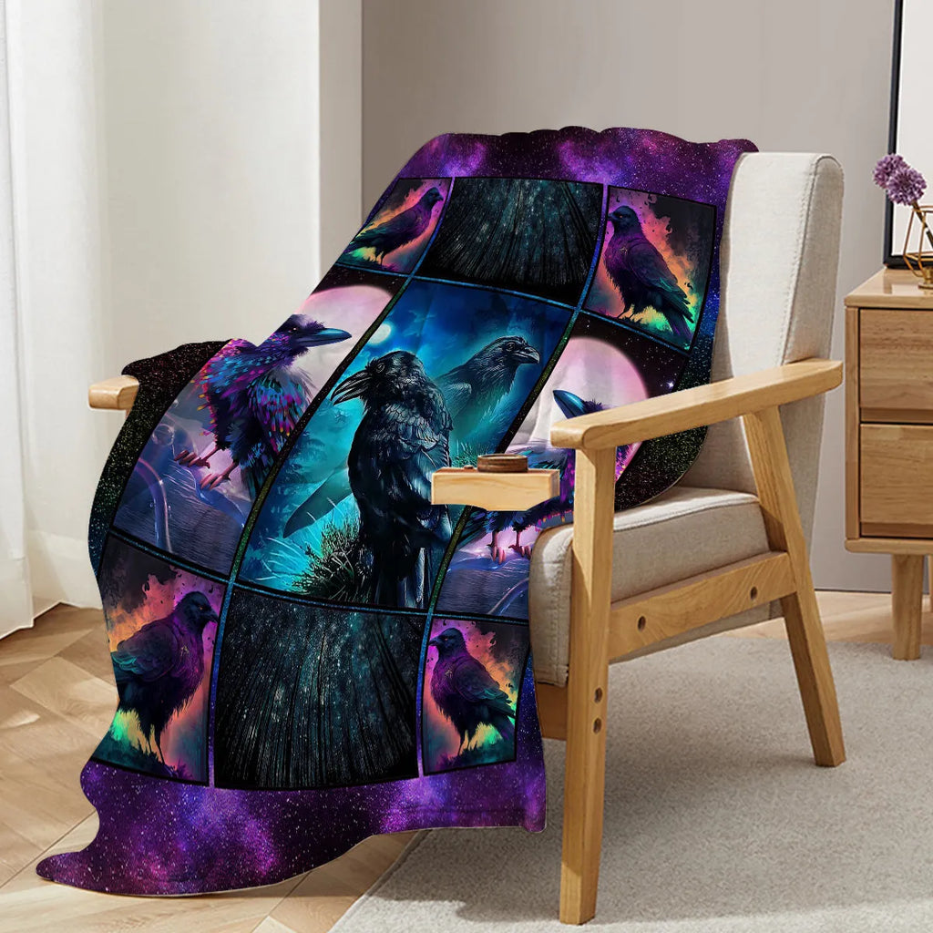 Colorful raven print flannel blanket in soft velvet, available in 75x100cm, 130x150cm, and 150x200cm sizes.