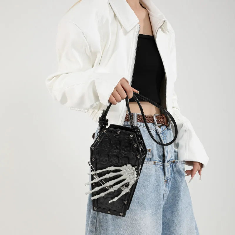 Trendy one-shoulder embossed handbag in brown with single strap and square vertical shape on white background.