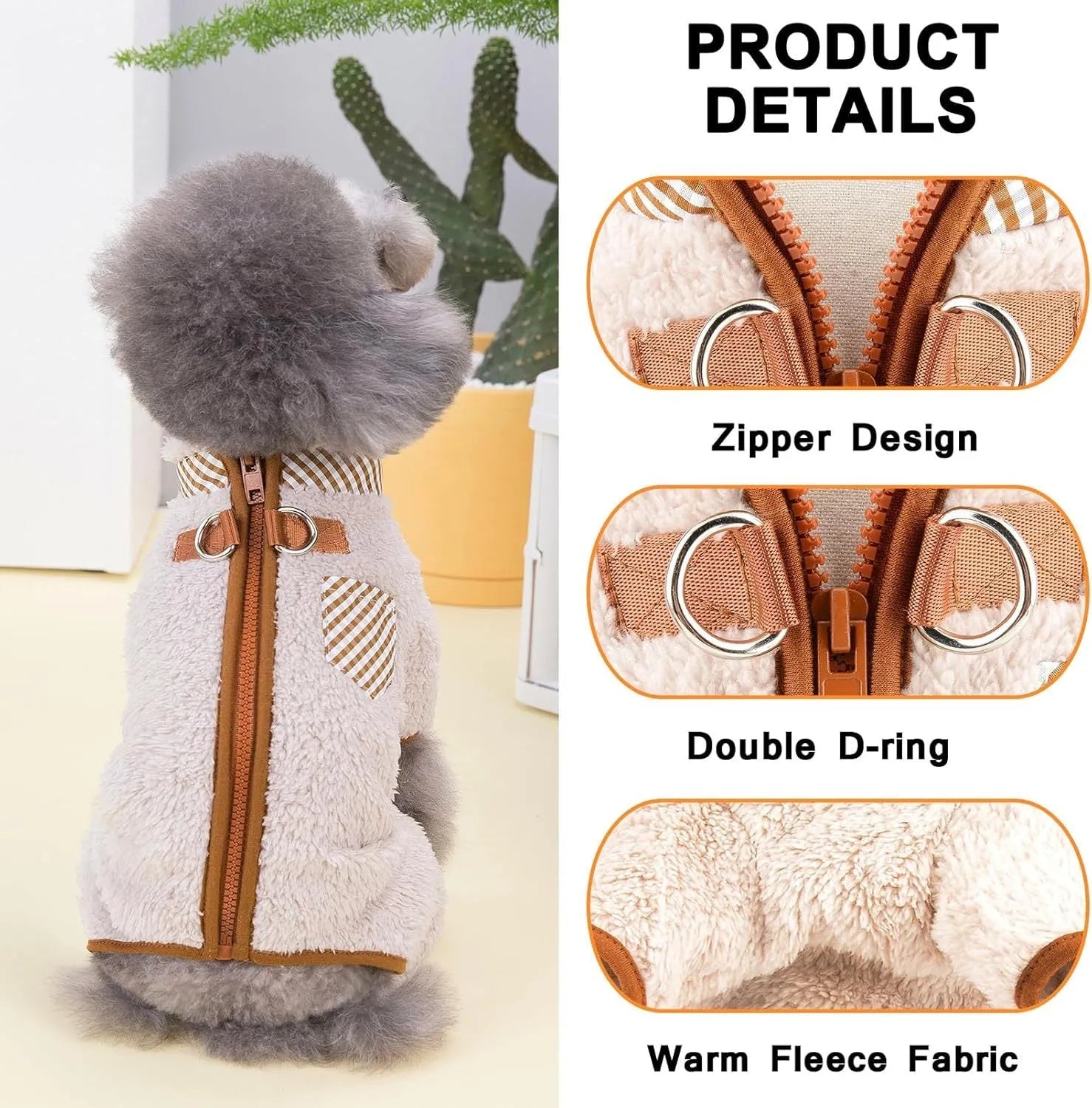 Green fleece dog coat with four-leg jumpsuit design and back zipper closure on a small dog
