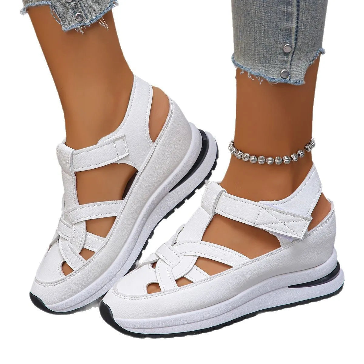 Wedge Roman women's platform casual shoes in black with Velcro fastening and round toe
