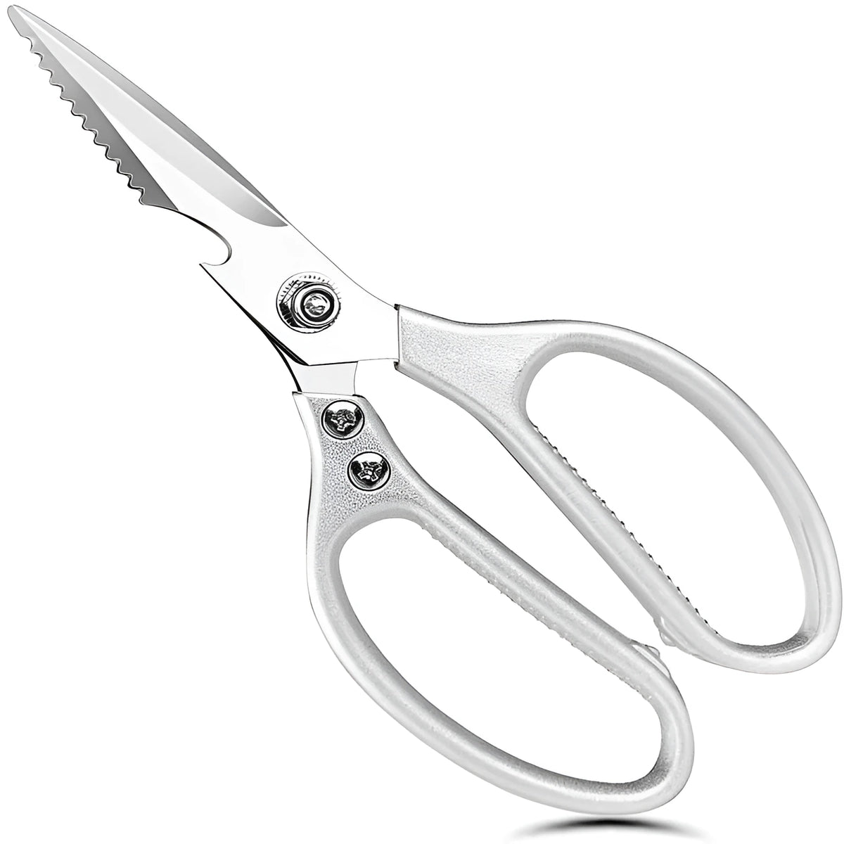Pair of stainless steel kitchen scissors with non-slip handle, for cutting chicken bone and seafood, in silver