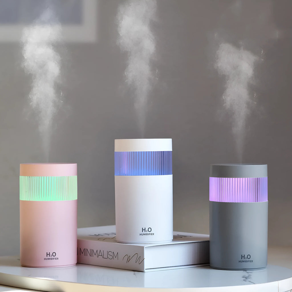 Mini desktop USB humidifier in grey with 300ml tank, spray nozzle, and seven-colour night light
