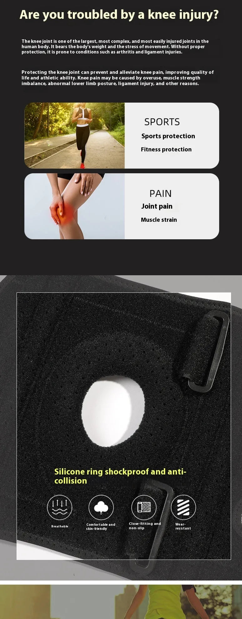 Black silicone non-slip knee pad for outdoor sports, average size, single pack