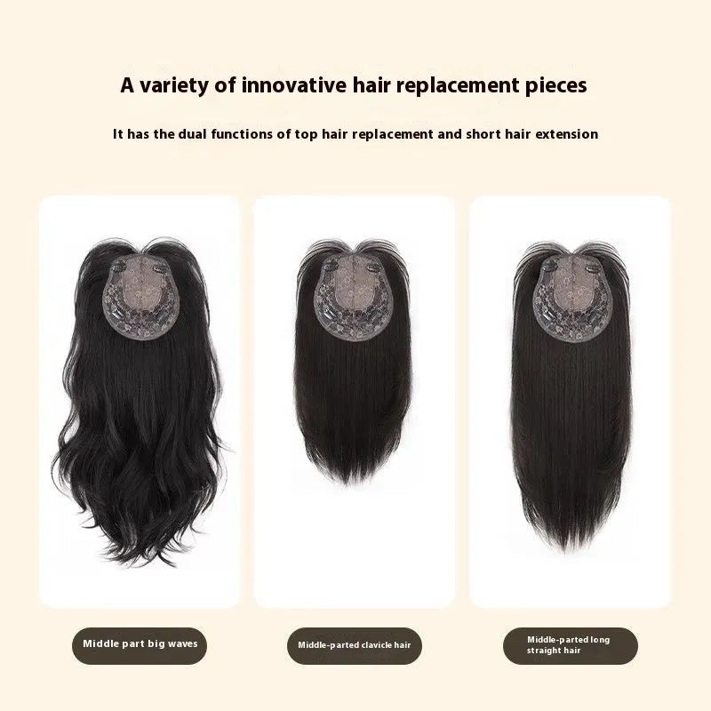 Seamless ultra-thin breathable 65cm big wave natural black wig for ladies, high-temperature fiber hair replacement