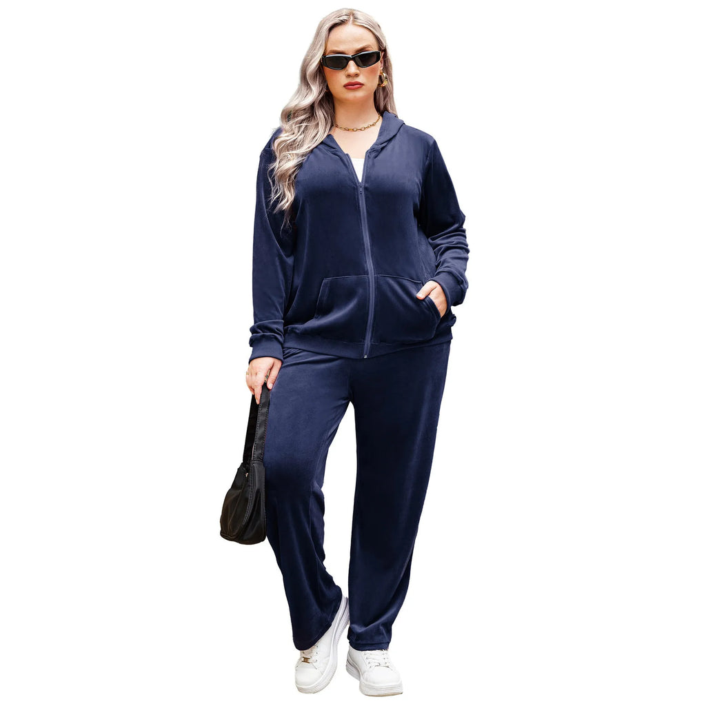 Plus size women's sports hooded tracksuit set in dark purple with long sleeves and full-length trousers, autumn winter style