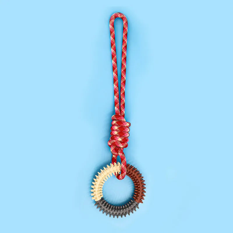 Colourful blue braided rope knotted dog chew toy on a white background.