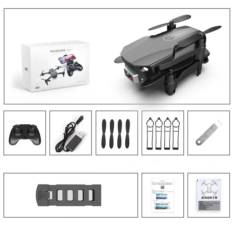 Folding drone with 4K HD camera, mini quadcopter toy RC airplane, black or grey, below 30cm, with remote control and battery.