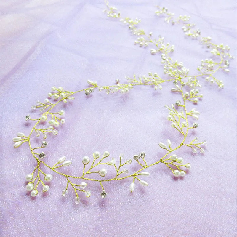 Gold bridal hair band with crystals and pearls on a wire, shown at 50cm length.