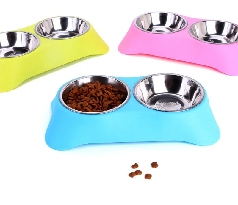 Silicone double pet bowl with stainless steel inserts and non-slip base, shown in Blue, Green, and Rose Red, sizes S and M