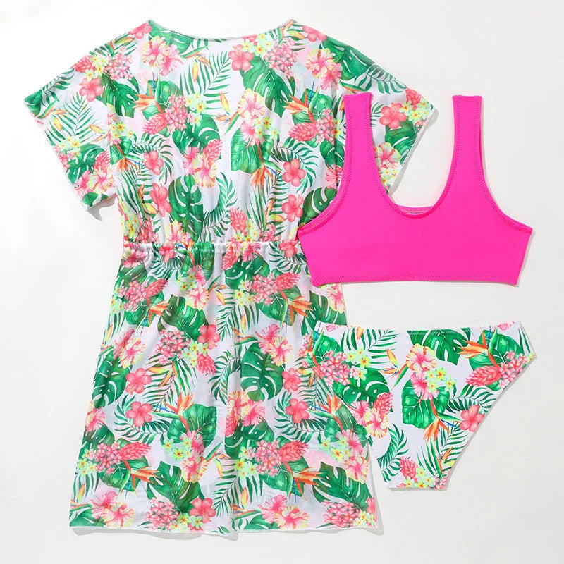 Girls floral two-piece polyester swimsuit for swimming, sizes 130cm to 160cm.