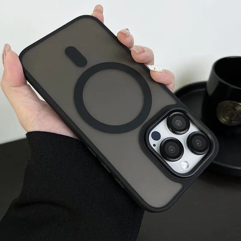 Large hole frosted magnetic iPhone case in black, PC TPU cover for iPhone 11 to 15 Pro Max